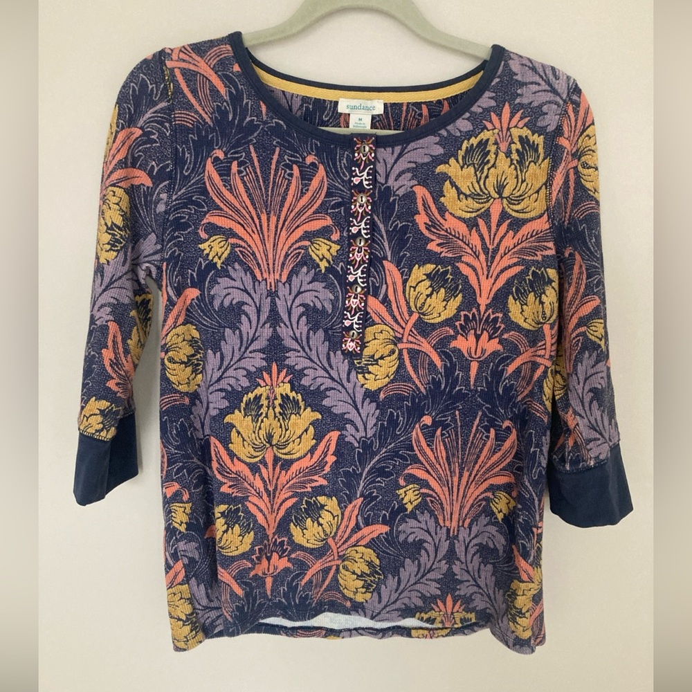 Sundance Boho Floral Thermal Waffle Knit Henley Top Size M Multicolor